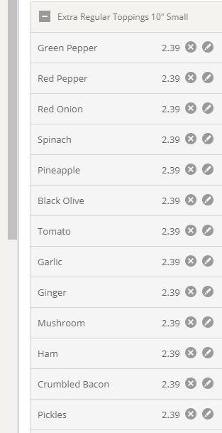 shows choices for the Regular Toppings Group
